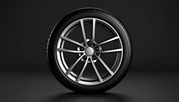 A dark grey, multi-spoke alloy wheel with a black tire, set against a plain dark background