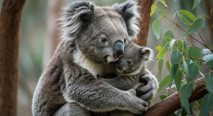 Fototapeta premium Mother Koala Holding Baby Koala Sitting on Tree Branch in Natural Forest Setting