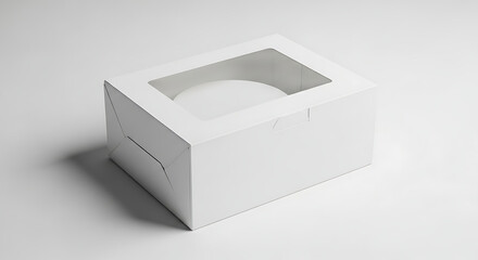 A simple white cardboard bakery box with a clear window, perfect for cupcakes or pastries. A blank packaging mockup on a clean white background.