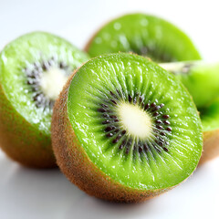 Close up shows a sliced kiwifruit, displaying its green flesh and black seeds, with another kiwi in the background.
