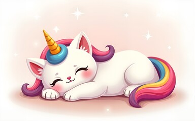 Cute unicorn cats. Funny color fairy animals with rainbow tails, baby adorable kittens sleeping, playing and cuddling, kawaii pets, cartoon stickers collection, tidy vector set. High quality
