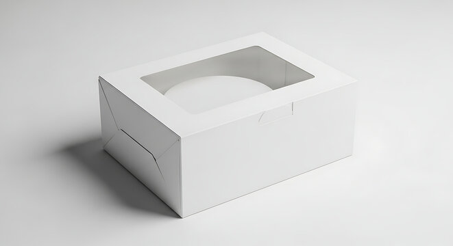A simple white cardboard bakery box with a clear window, perfect for cupcakes or pastries. A blank packaging mockup on a clean white background.