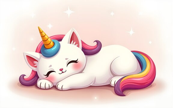 Naklejki Cute unicorn cats. Funny color fairy animals with rainbow tails, baby adorable kittens sleeping, playing and cuddling, kawaii pets, cartoon stickers collection, tidy vector set. High quality