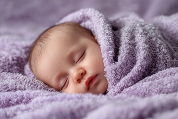 Gentle image of a serene sleeping newborn on a bed wrapped in a purple blanket Wishing sweet dreams and a good night embodying family and maternal love