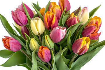 Close-up of a vibrant bouquet featuring colorful tulips in pink, orange, and yellow with green leaves against a white background.