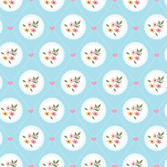 Seamless cute floral pattern with lace doilies and hearts on blue background. Ideal for baby shower designs, girly fabric prints, wallpapers, scrapbooking, digital paper, and greeting cards.