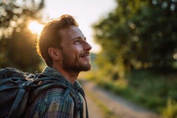 Profile view of a joyful male hiker strolling in the wild