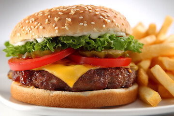 Classic cheeseburger with fries featuring a sesame seed bun, lettuce, tomato, cheese, pickles, and a beef patty