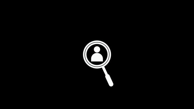 A glowing white neon magnifying glass highlighting a generic user profile icon on a black background. The image conveys the idea of user search, identification, recruitment, 4k video.