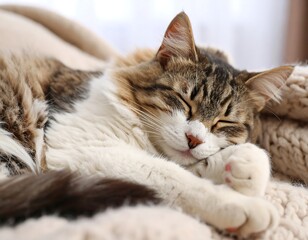 A tabby cat sleeps peacefully, curled up on a soft, knitted blanket