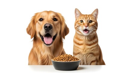 Golden Retriever Dog and Ginger Cat Sitting Together with Bowl of Pet Food on White Background