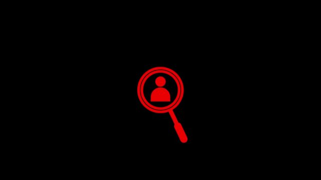 A glowing white neon magnifying glass highlighting a generic user profile icon on a black background. The image conveys the idea of user search, identification, recruitment, 4k video.