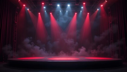  Empty Stage with Red Spotlights and Smoke for Concerts, Shows, or Presentations