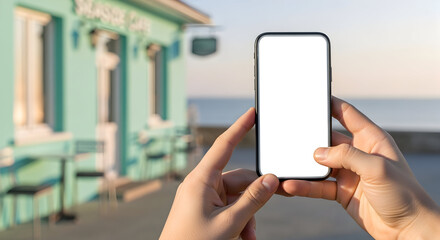 Person holding smartphone with blank screen near seaside cafe summer travel mobile technology mockup app design website template