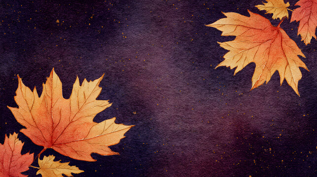 watercolor illustration, vintage postcard, Canada Day, dark abstract background, autumn atmosphere and mood, copy space, free space for text