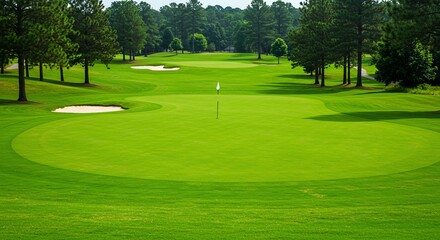 Golf Course Green Fairway with Trees and Sand Bunkers in Bright Daylight