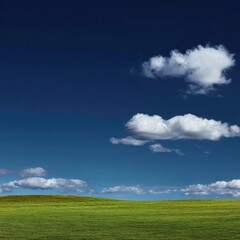 Vast grassy field under a vibrant blue sky dotted with fluffy white clouds