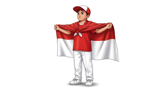 Illustration of a patriotic young boy wearing the Indonesian flag as a cape, representing national pride and youth spirit for Independence Day.