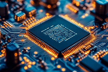 Close-up of a glowing computer chip on a circuit board