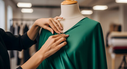 Fashion designer meticulously pinning emerald green silk dress on a mannequin in her studio showcasing elegant design and craftsmanship