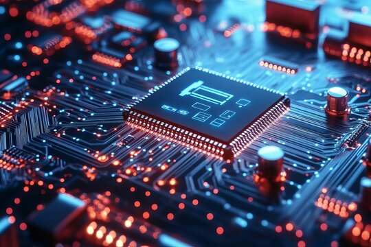 Close-up of a glowing computer chip on a circuit board (3)