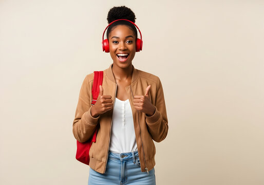 Happy young African American woman student with headphones giving thumbs up gesture  positive attitude success education music