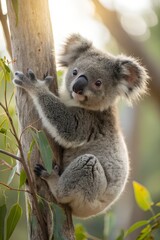 Fototapeta premium koala in tree , Cute Koala Climbing a Eucalyptus Tree