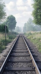 Obraz premium Railroad tracks through misty landscape