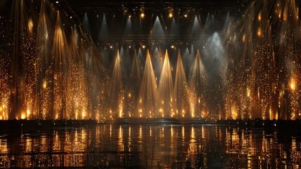 elegant neon-lit stage environment, shimmering gold dust particles, symmetrical light columns and reflections, high-end event style