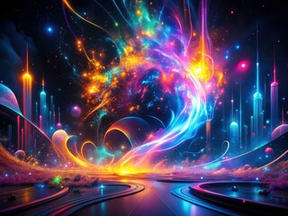 Obraz premium Neon lights blur into bokeh, intertwining with fantastical smoke and dazzling sparks in this abstract photograph.