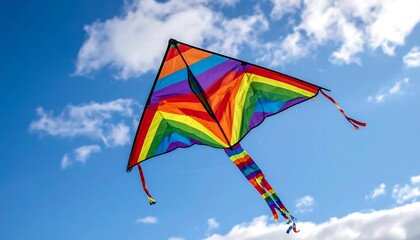 A vibrant rainbow kite soars against a backdrop of fluffy white clouds and a clear blue sky
