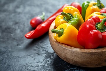 Colorful bell peppers in a wooden bowl on a dark surface