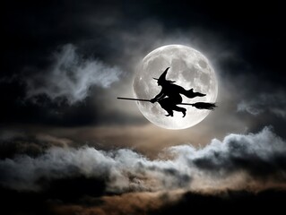Halloween, Witch on a broom with the moon in the background