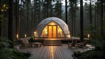 Luxury Glamping Dome House in Pine Forest at Dusk