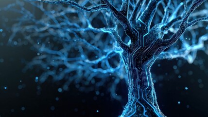 electronic growth animation of blue circuitry forming a tree, high detail digital wireframe, concept of green technology, abstract future