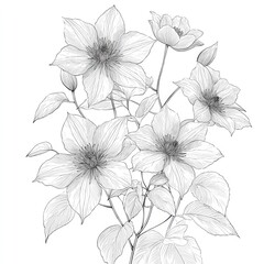 Obraz premium Detailed grayscale botanical drawing of a cluster of clematis flowers