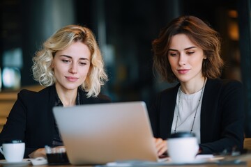 Fototapeta premium Two accomplished female entrepreneurs use a laptop