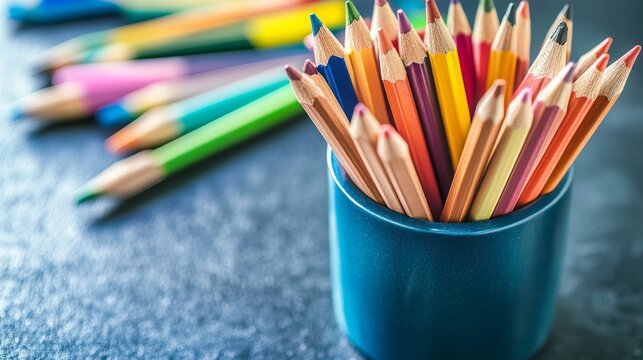 Colorful pencils in a blue holder on a dark surface - Powered by Adobe
