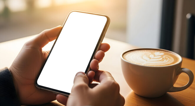 Person using smartphone with blank screen next to latte art coffee in cafe enjoying morning coffee break digital lifestyle technology - Powered by Adobe