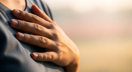 Hand on chest feeling peace serenity calmness wellbeing inner peace mindfulness meditation relaxation tranquility emotional health mental 