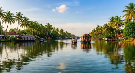 Scenic view of traditional houseboats cruising on the beautiful backwaters of Kerala, India, lined with lush coconut palm trees.