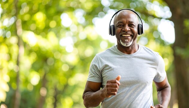 A smiling older man jogs outdoors, wearing headphones