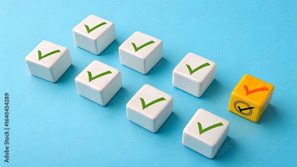Aufkleber yellow cube with red checkmark among white cubes with green checkmarks – individuality and conformit