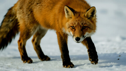 Fototapeta premium Majestic Red Fox Navigates Snowy Winter Landscape with Fierce Determination