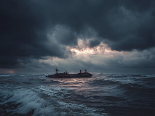 Haunting shipwreck at sea under a dramatic stormy sky with sunlight piercing through the clouds creates an eerie mood
