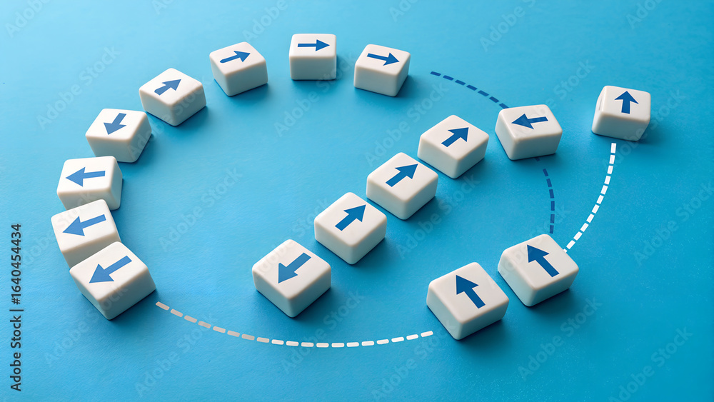 Poster circular arrangement of white keyboard keys with blue arrows – navigation and direction concept on b