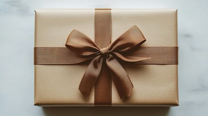 Wrapped gift box with ribbon and bow on a neutral surface.