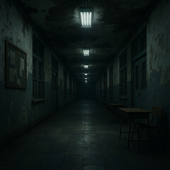 Creepy abandoned school hallway with flickering lights and peeling paint creates eerie