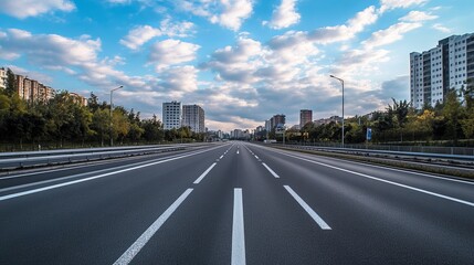 Empty highway leading to city skyline, with trees and buildings