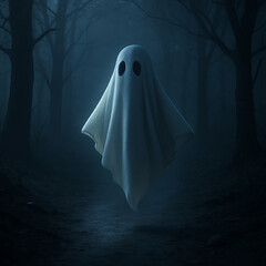 Ghostly figure floats in dimly lit forest path, surrounded by eerie fog and cool moonlight